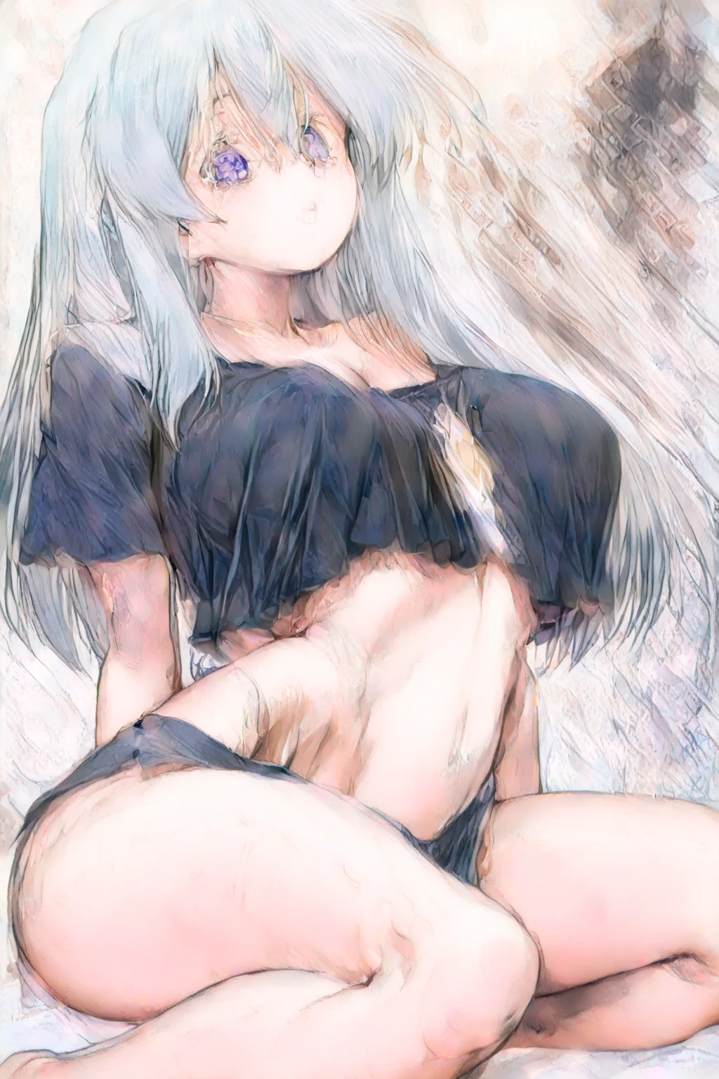 masterpiece, Highest quality, there is nothing, 1 girl, alone, Small breasts, Long Hair, Grey Eyes, Gray Hair, Ahoge, bangs, Hair between the eyes, Floating Hair, Ocean, null, cloud, Beach, naked、 Wet, Sweat, Frowning,Male genitalia enter female genitalia