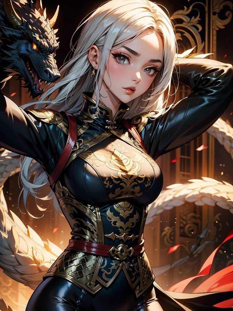 ((Tsunade) ), Hermosa mujer con cuerpo, 30 years old, cuerpo musculoso y perfecto, Guerrera feroz, Armadura negra salpicada con pintura de colores, Detalles absurdos, Absudres, con micro ropa, casi totalmente desnudo, con poca ropa, Tanga diminuta, senos grandes, Escote generoso, Mucho metal en la ropa, fantastic art clothes, cabello recogido o largo, Cara valiente,  Reino Oscuro, pose sexy, fantastic landscape, adult fantasy, dragon tattoo on body