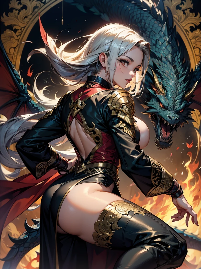 Ultra detailed, clothing, hole body, Targaryen, drag queen, dress black and red, crystals, details, hole body, fashion, dragon, beauty hair, fashion dress, Meleys