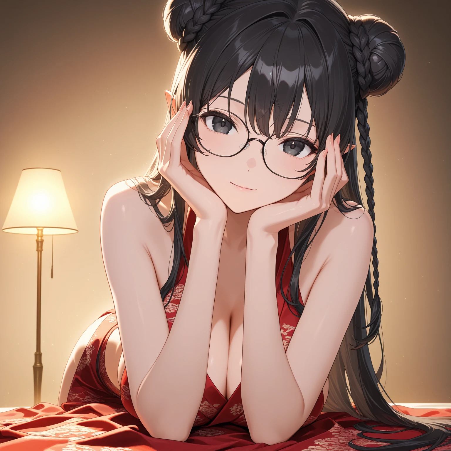 Hojo Tsukasa manga style，luxury casino，Beautiful secretary 25 years old sitting on chair，plump breasts，Wear black-rimmed glasses，exquisite earrings，Red gold edge cheongsam，black stockings，red high heels，front，full body portrait，Horizontal viewing angle，rich and colorful，Japanese manga artist Tsukasa Hojo&#39;style，depth of field，White background，Overclocked renderer，movie lighting，Ultra-fine，super detailed，CG art，