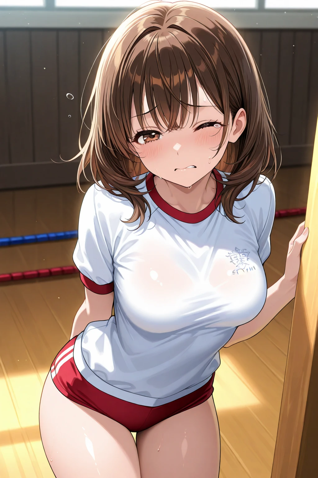 (Highest quality, 8K, 32k, masterpiece, Ultra-high resolution: 1.2), 1 Girl, Beautiful Japanese Woman,Close-up of chest, errect nipples,thinウエスト, 魅力的なoffice Lady, Volleyball Uniforms,office, Standing fist pump, Beautiful Face, Brown Hair, Bob Hair, Saggy eyes, Slender figure,Cleavage, thin, whole body, Detailed expression down to the fingertips,Sexy thighs, One Woman, alone, A charming smile,