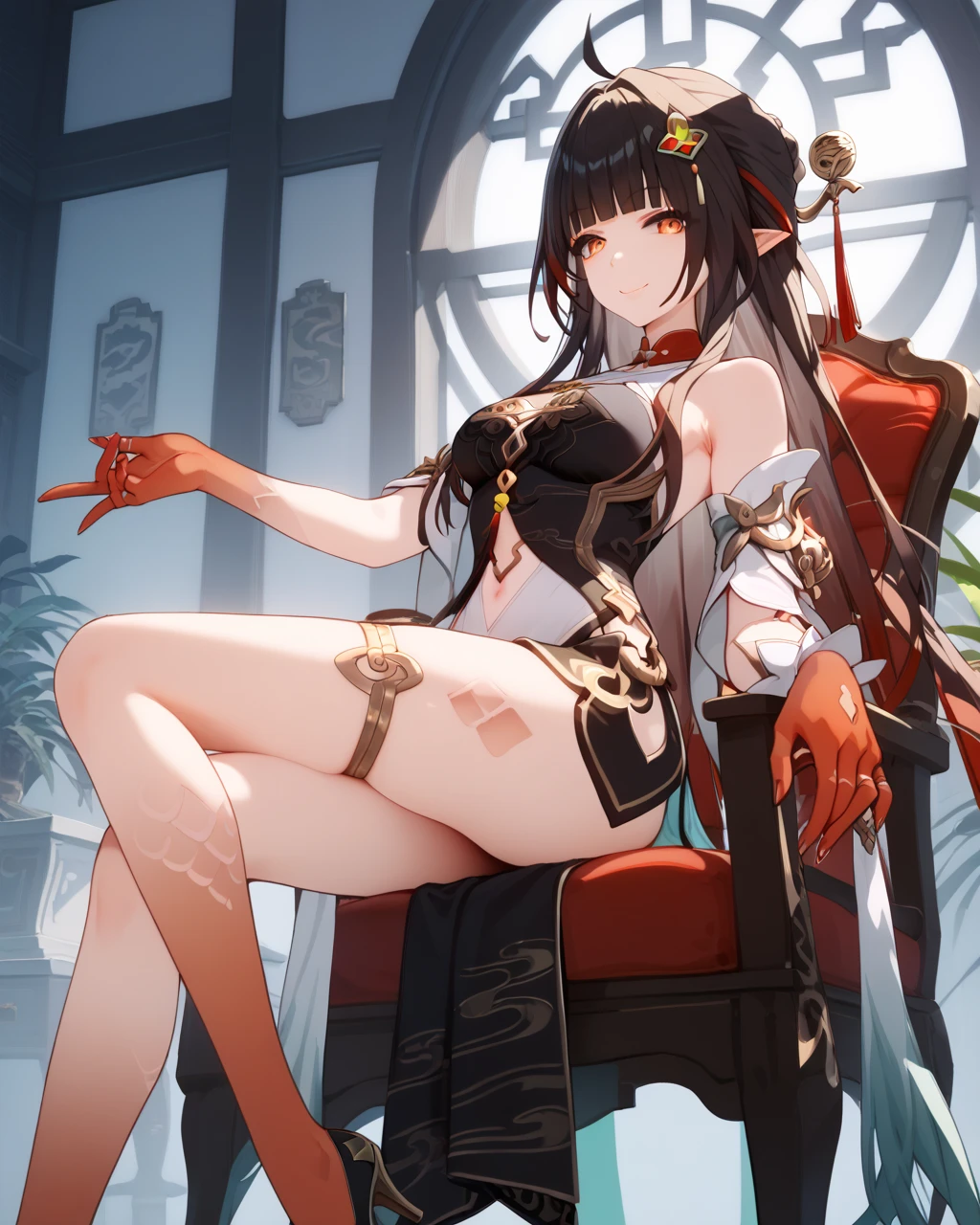 Hot and strong Girl, oreo hair, red eyes, in the palace, in dress 
