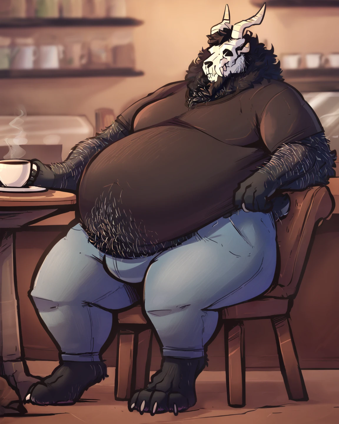 , zebra, fat, heavy, older male, old, hairy chest, kitchen background, sitting on chair, coffee mug, short grey hair, thick beard, sweaty, old, smirk, briefs, massive bulge, robe, by darkgem