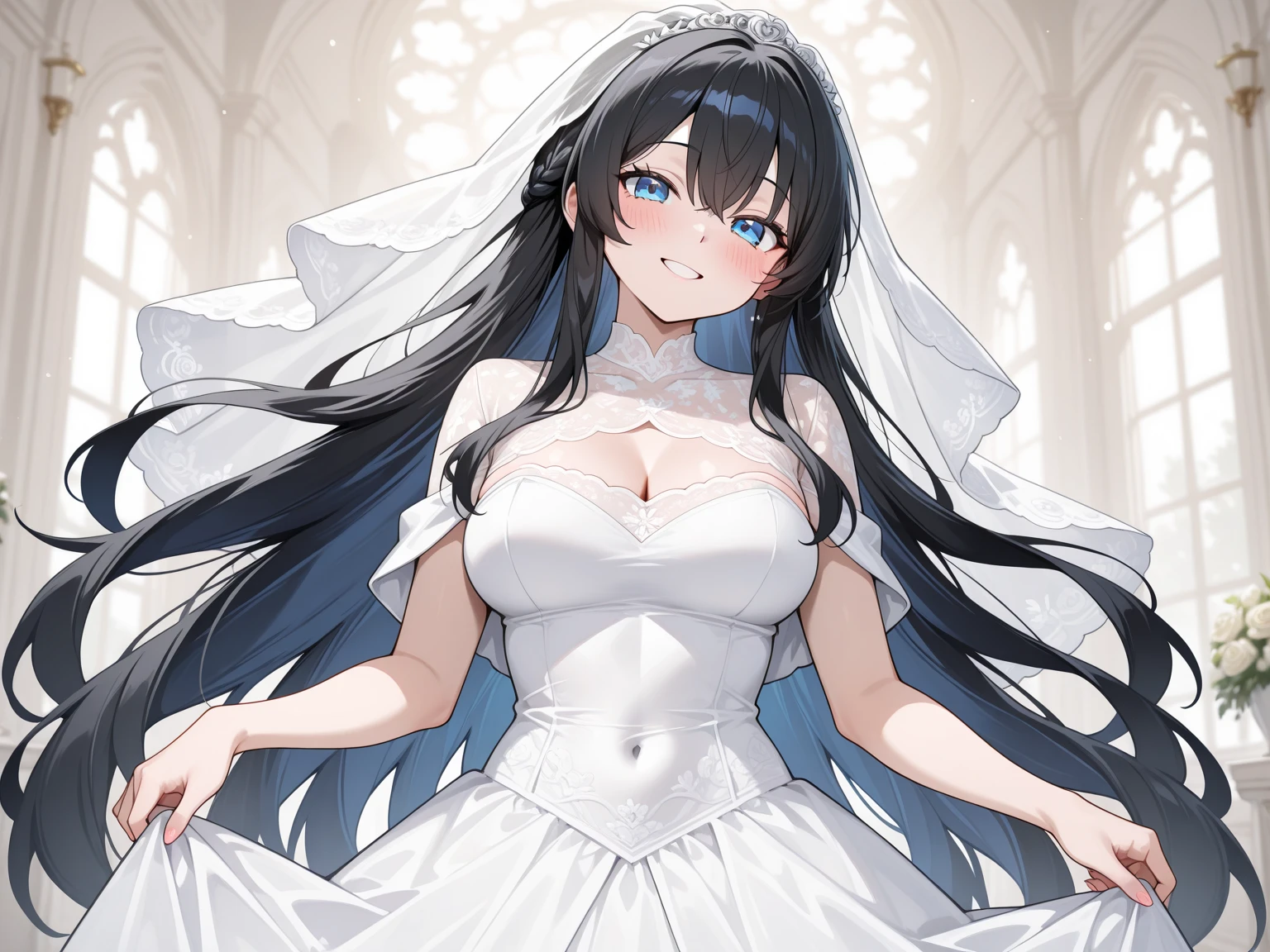 ((anime artstyle)),(((Masterpiece))), ((Best Quality)), ((Super Detail)), Illustration, (((Very Delicate and Beautiful))),Dynamic Angle,Looking at viewer,((((Solo)))),June bride,(((1 arrogant empress in white wedding dress having a wedding ceremony in a flower field outside a church))), in the flower garden,((((Full body)))),(standing),(((smile))),Purple eyes,(Sharp eyes),Detailed Face, Long Eyelashes,Jet Black Hair,(Straight Hair),((Very Long Hair)),Bangs between eyes, (((gigantic breasts))),cleavage,skindentation,curvy,See-through,(((fusion of white wedding dress and white rococo ball gown))),(fluffy white wedding dress with gorgeous embroidery),((hoop skirt)),long skirt,corset,crinoline,(long wedding veil),opera gloves,finely decorated jeweled big tiara, gem earrings,finely decorated necklace,Beautifully jeweled ornaments,outdoor,sky, ((white lily flowers)), flower petals flowing, flowers,(floating church),light particles,