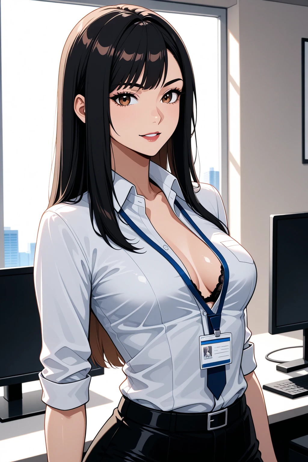 japanese, solo, large breasts, brown hair, bangs, pout, (natural make:1.2), dynamic angle, high res, (photo realistic:1.2), (highly detailed:1.1), desk, Tight skirt business suit, office chair, (computer), detail brassiere, delicate background, bokeh, professional lighting, physically-based rendering, (cowboy shot), cleavage,