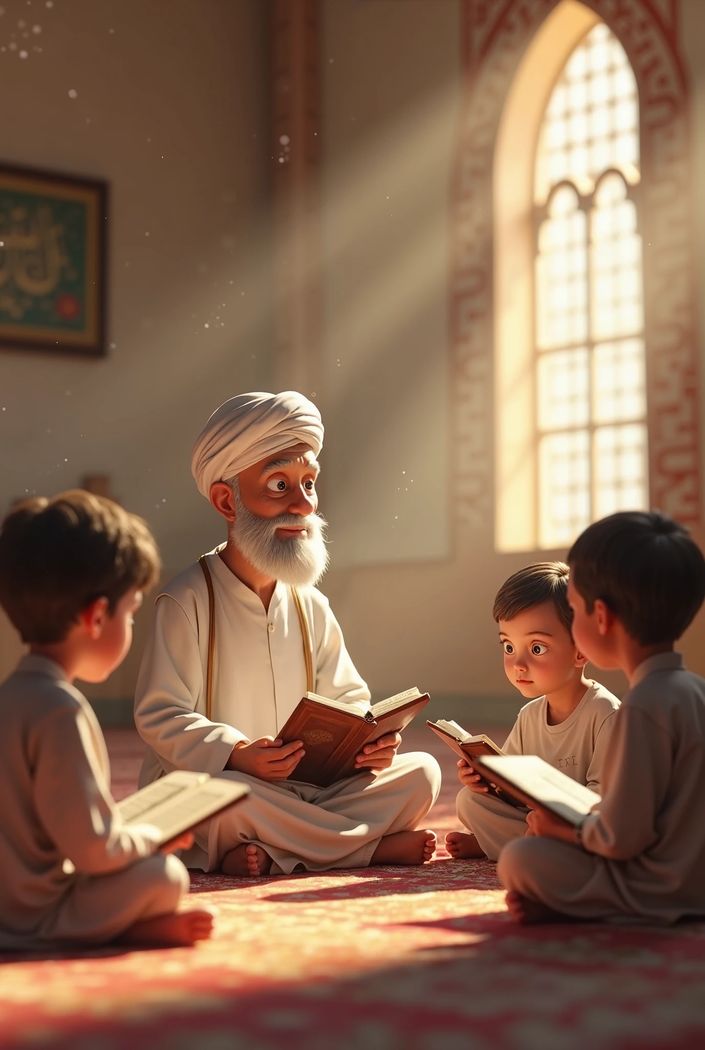 A cold winter night. The children gather around the old sheikh in a corner near the mosque, where the sheikh has a dark book in his hand that reflects stories from the distant past. It should be a clear and beautiful picture of a cold winter night at night time.