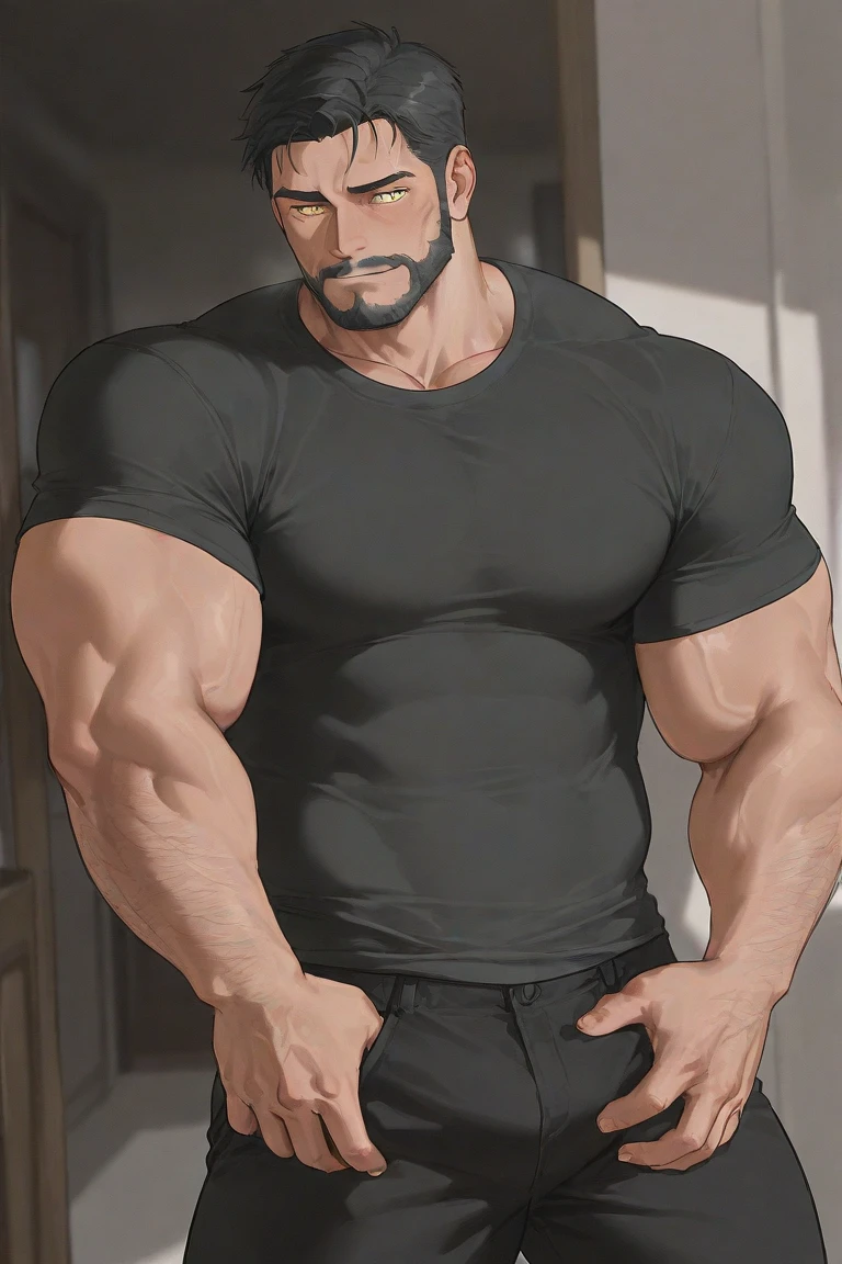1 male, Chris Redfield 50 yo, male focus, beard,muscular male,  short hair, pushed back hair style, mature male, (black tank top:1.3), pectoral cleavage, mustache, brown hair, hand on chest, indoors, blue eyes, chest hair, covered abs, muscled legs, big feets, hairy legs,  window, door,black briefs, wearing no shoe, black socks(black socks:1.3), full body shot, bulge, focus on socks