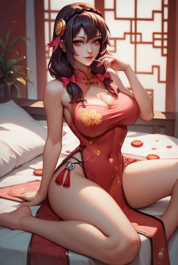 Hu Tao, making sure her legs are full visible. make her huge thighs and make her look like 20 years old, she should be a anime draw