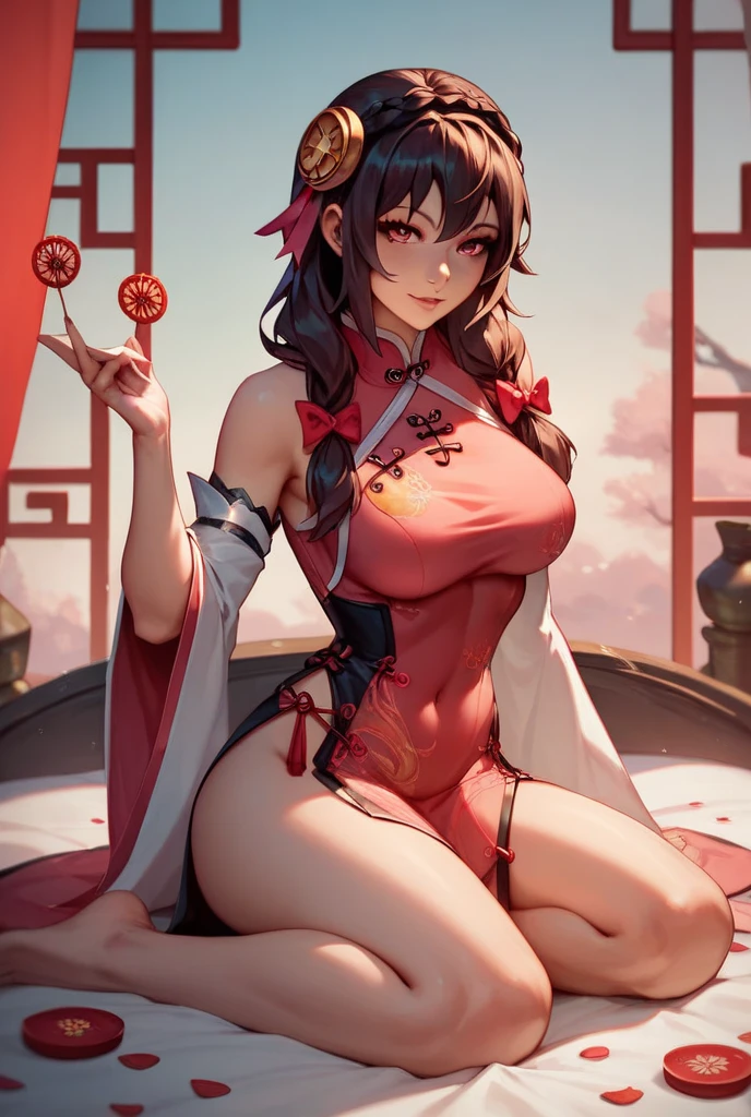 princess azula, evening, sunset, looking at viewer, cleavage, red satin robes, clothed bathing, girl floating above the water, palace, temple, fire, lava, red glowing, smug face (NSFW)