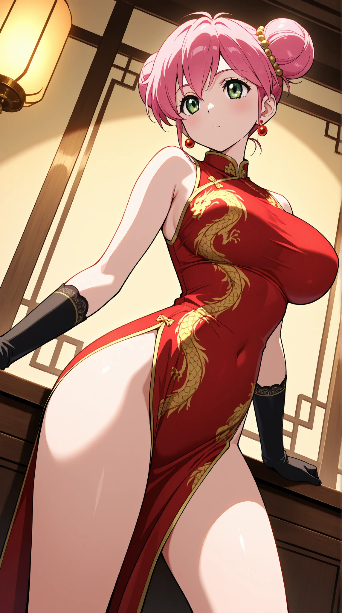 1 girl huge tits, (Chinese dress), covered, curved, seductive smile, sexy:, day, (huge tits: 1.4) masterpiece, best quality, super detailed, Illustrations, 1girl, (full body: 1.4), (looking at the audience: 1.4), beautiful detailed eyes, (big breasts: 2), ((gigantic breast)), wide hip, ((long leg)) 1girl, aak, cowboy shot,