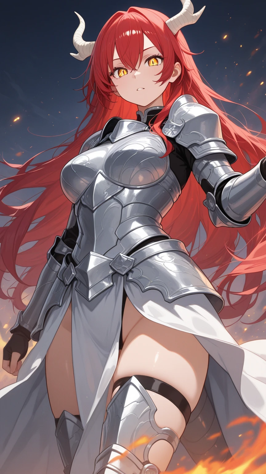 (masterpiece), (best quality), (high uqality), (8k), girl, (full-body), dragon armor, intricate details, red glow, short shilver hair, back messy hair, detailed hair strands, light blue eyes, dominance expression, walking in lesser caotic place as she rule the world, fire background, and dragons in the night sky, fierce aura, (high quality ilumination)