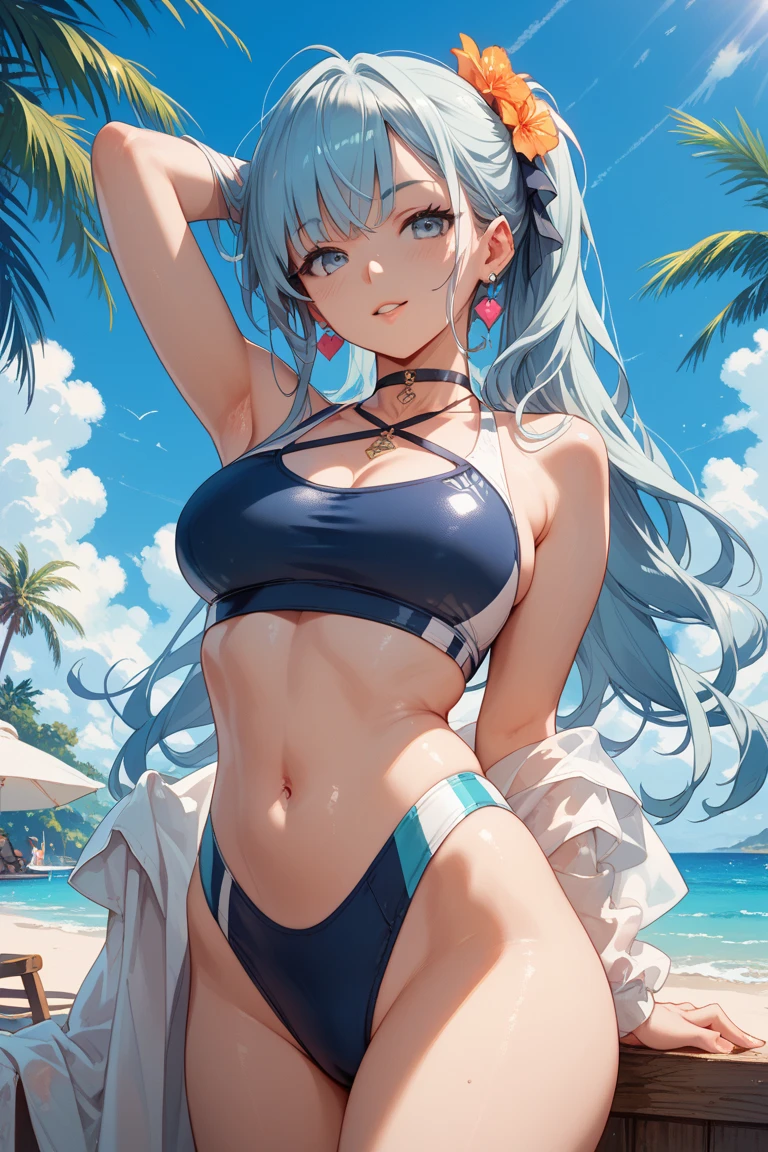 （tmasterpiece，Elaborate beautiful eyes：1.2），（lightblue hair：1.2），（Zephyr eye color：1.1），long whitr hair，hair straight，（black tanktop：1.2），フォトリアリスティック照明，beautiful illumination，Ray traching，フォトリアリスティック，（超Realistis：1.2），A high resolution，4K，8K，（highly detailed CG，8k wallpaper：1.1），Very refined and clear digital illustrations，the detail，Realistieautiful face，Very delicate face，超Realistis，tmasterpiece，Detailed eyes， 超级the detail，Volumetriclighting，フォトリアリスティック阴影，复杂的the detail，the detail，cheerful，ssmile，（white hat：1.2）），silver necklace，high-heels，（on  the  beach：1.2），