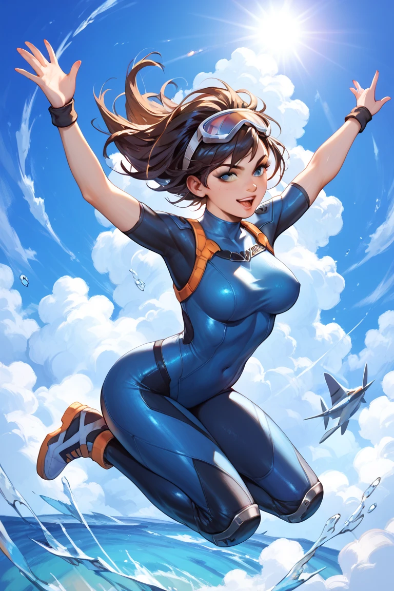masterpiece, best quality, highres, 1girl, solo, superhero, leotard, blue and white leotard, bare legs, brown hair, short hair, brown eyes, hairband, medium hair, ribbon, boots, matching boots, blue boots, medium breasts, cowboy shot, smile, sky backdrop, haruhi suzumiya, kyoani haruhi style, sleeveless, flying, floating. looking at viewer, perfect arms, perfect legs, perfect hands, perfect feet,