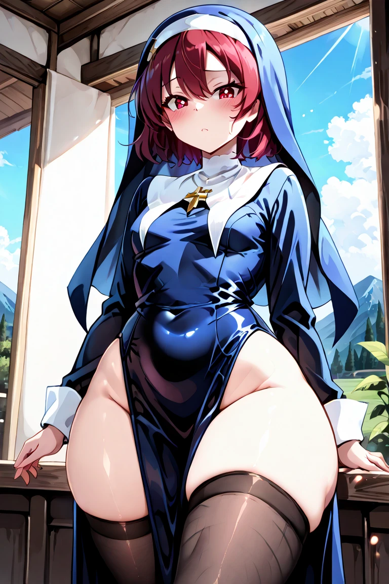 Senka, red eyes, ponytail, bangs, light purple hair,  plump,  
black school uniform, hair ribbon, white hair bands,  pantyhose,  dress skirt,  red belt, 
standing,   hips,   skirt lift,  pink lingerie,  from below, 
principle building, indoors, cold stare, looking at viewer,  
(insanely detailed, beautiful detailed face, masterpiece, best quality), solo,
 <lora:SenkaReishiki:0.7>