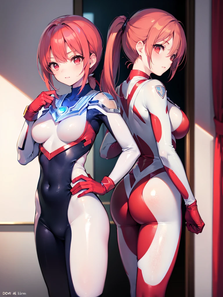 (Close-up:1.3),Realistic,Highest quality, Ultra Detail, High-quality CG rendering, The most delicate and beautiful, Floating softly, High resolution, (1 female), (Highest quality,4K,8k,masterpiece:1.2),(All red hair:1.5), (ponytail:1.5),(Red eyes:1.5), (Ultra Girl:1.0), (All red Ultraman bodysuit:1.5),(Do not expose your skin:1.5),(Slightly larger breasts:1.5),(Red gloves:1.3),(Red Shoes:1.3),(whole body:1.3),(smile:1.3),Small room,(Are standing:1.4),(Place your hands on your hips:1.3),(Turn your back to your audience:1.3)