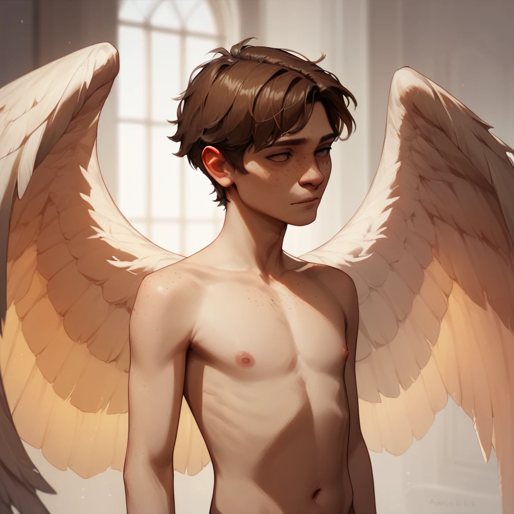 1boy, young male, teen, fairy, innocent face, cute face, youthful face, white eyes, fairy wings, white fairy wings, medium hair, white hair, undercut, hair half shaved, thin body, muscular, short, sexy, skimpy, jockstrap, loincloth, minds eye, psychic, psionic