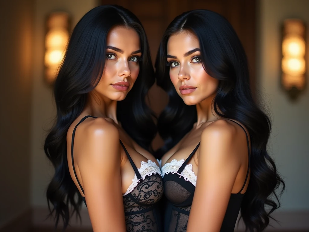 HypervPhoto realistic seductive 1 adolescent young girl, young seductive face, dark eyebrows, black eyeliner, black eye shadow, bright blush makeup, vibrant dark lipstick, thick lace choker collar, detailed young body, thigh high leggings, extremely long luscious wavy hair,