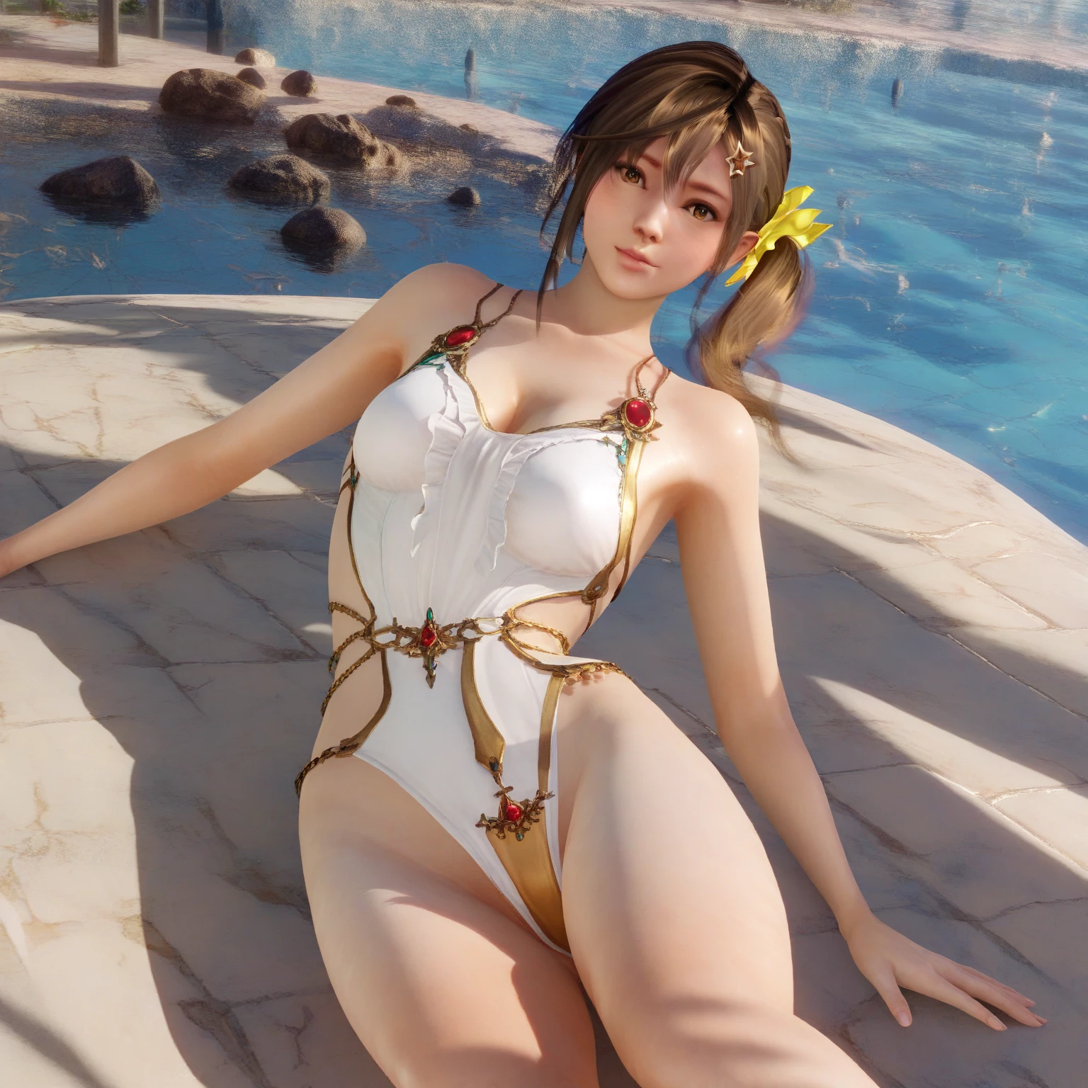 Marie Rose, blonde hair, Breast(((flat))), body(((infant))), hair((Wavy, Black)), Eyes((Smart Eyes, Black)), Clothes((very pale black lace micro bikini)), Accessories((hair clips)), Twin ponytail, camera angle((Photographing the top of the head from the clotch)), (((Emphasis on the crotch))), Posing((Sitting on the boat with my legs wide open)), ((very spreading your legs)), (((Hide your hands behind your back))), (((Lying down))), Colossal, (((super flat breasted))), Korean Makeup Look, Happy, Dark cave((with blue lighting from below)), Smile expression
