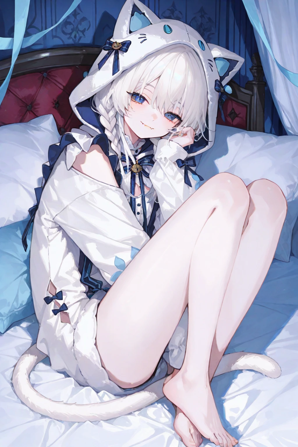 beautiful, masterpiece, Highest quality, anime, One girl, C Cup,Portrait Shot, View your viewers, Intricate details,>,((Covered、Short Hair、nearby、Blue Eyes、art、、White hair,Blue streaked hair、wallpaper、、white_Silk gloves、hairpin、smile、Angel、Thighs、Halo、Lying on your back、lotion、white_Silk knee-highs、bed、whole body、white_Silk Bikini