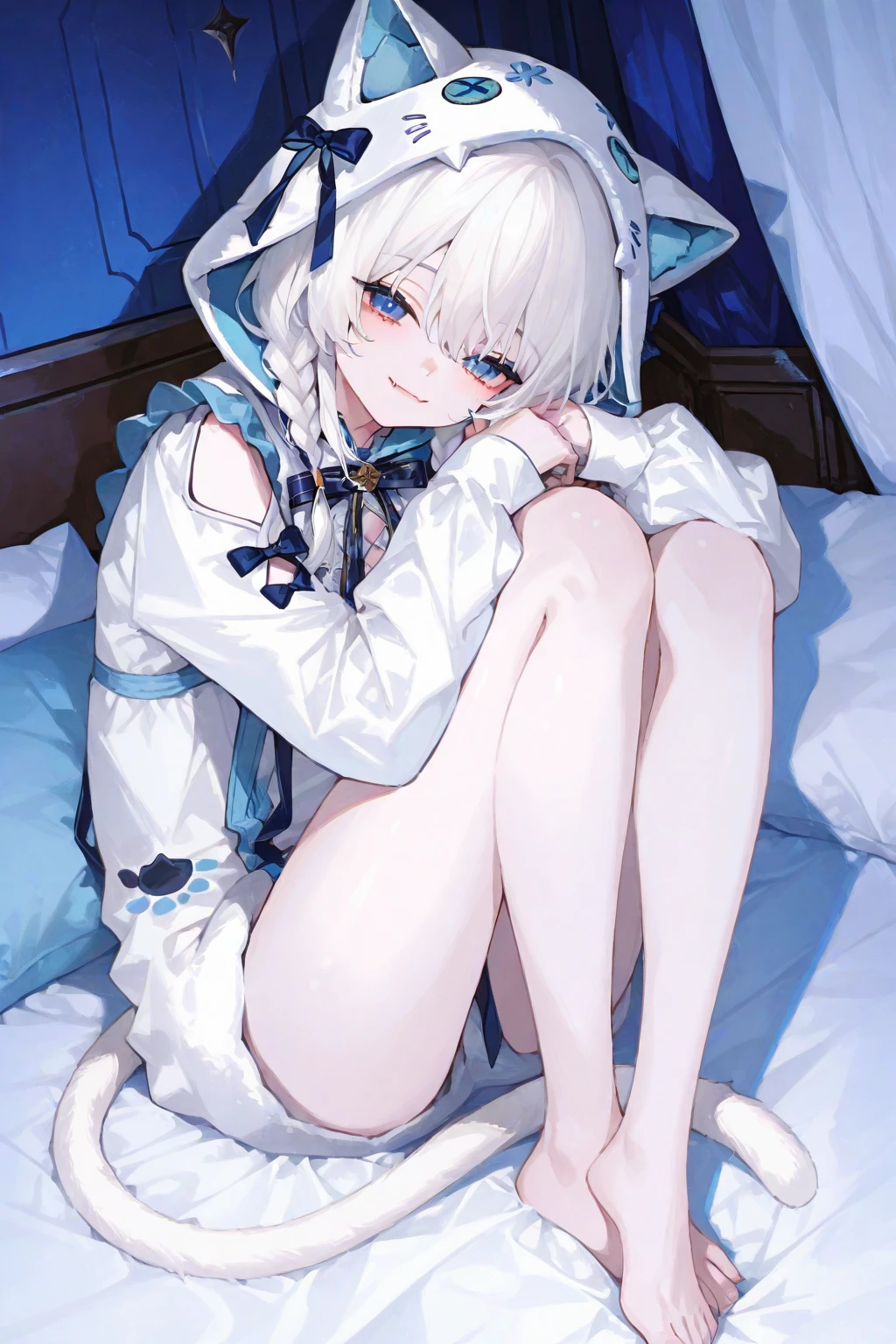 Nephtunie, all nude, 1 girl, lying in bed looking at the camera, showing pussy, perfect body, master piece, perfect hands, touching her butt with her hands, cat ears and tail, long hair, light blue right eye and orange left eye, heterochromia, sexy pose
