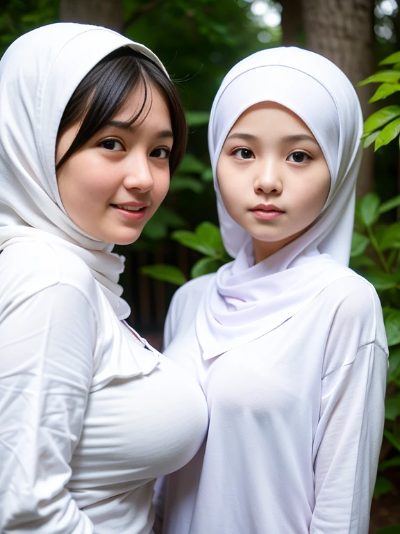 adorable, 2 girl, (face to face), 10 years old, baby face, happy, full body portrait, (face details: 1), (eye details: 1), ((big breasts)). wearing white long shirt, hijab, .. Cute posed. proportional body. Ultra High Res. realistic: 1.4, UHD