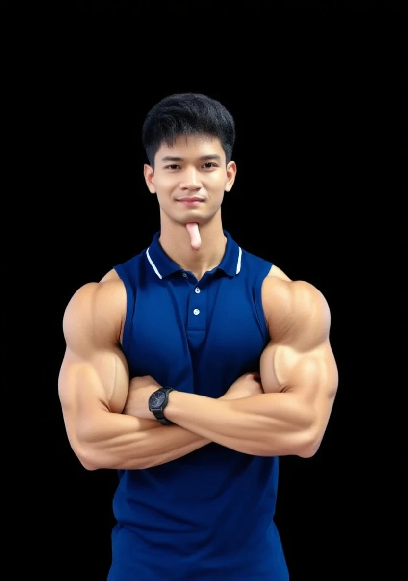 The upper body is strong and powerful,Strong pectoral muscles,Thick arms,Abs are pronounced,Wear a stylish vest,The crotch is slightly raised,There is a little sweat on the body