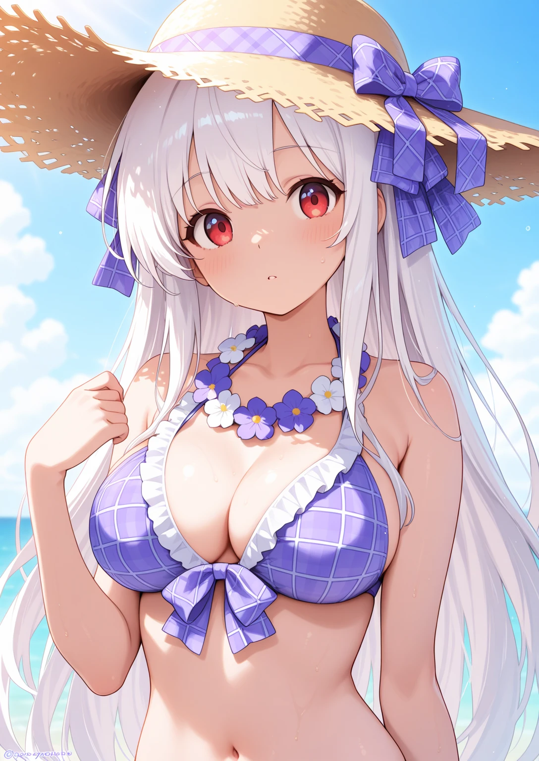 masterpiece, Highest quality, Beach, kasugano sora, Happy, Exposing shoulders, White Dress, Gray Hair, Twin tails, Long Hair, Hair Ribbon, View your viewers,Large Breasts 