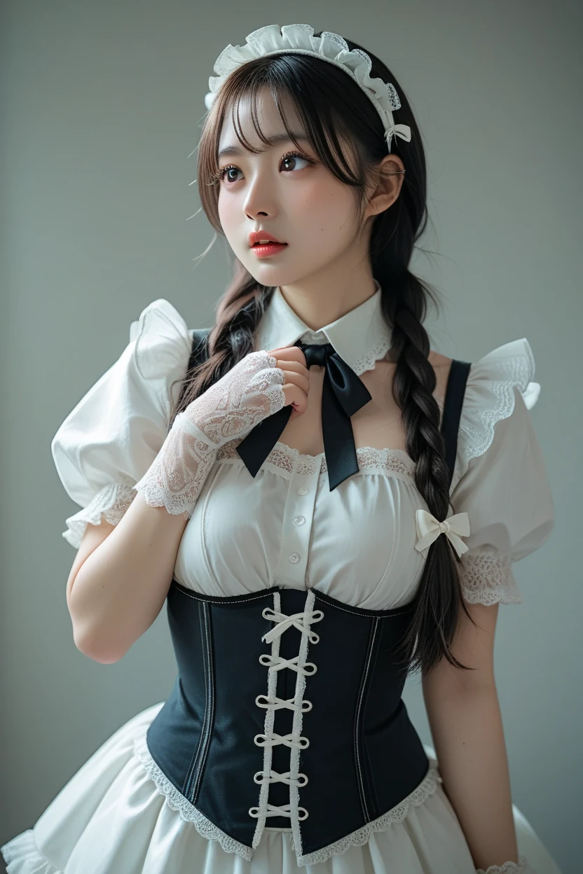 ((extremely detailed CG unity 8k wallpaper)), masterpiece, ultra-detailed, floating, high resolution, sexually suggestive, (petite, absurdly long white hair, princess, white mage, blue eyes, (ornate long white and red see through layered long dress with long detached wide sleeves and intricate embroidery), bridal veil, circlet, bridal gauntlets, blushing, shy, arched back, ruffled petticoat, ornate corset, Rose for Blackpink.