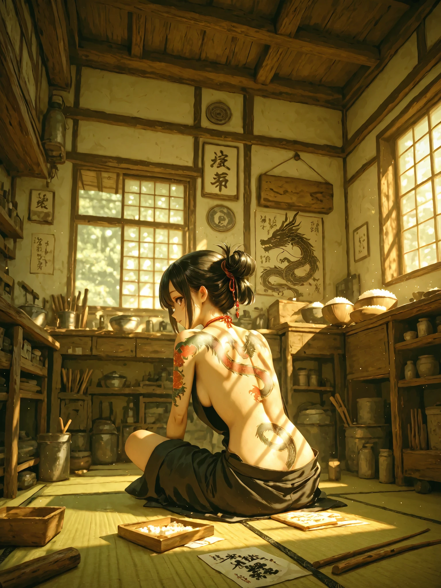 Excellent quality, workshop, detailed photo, Japanese tattoo artist at work, ((unfinished dragon tattoo)), bare back, traditional tattoo techniques, wooden tools, fresh ink on skin, traditional Japanese interior, tatami mats, Rice paper, soft light from the window, focused atmosphere