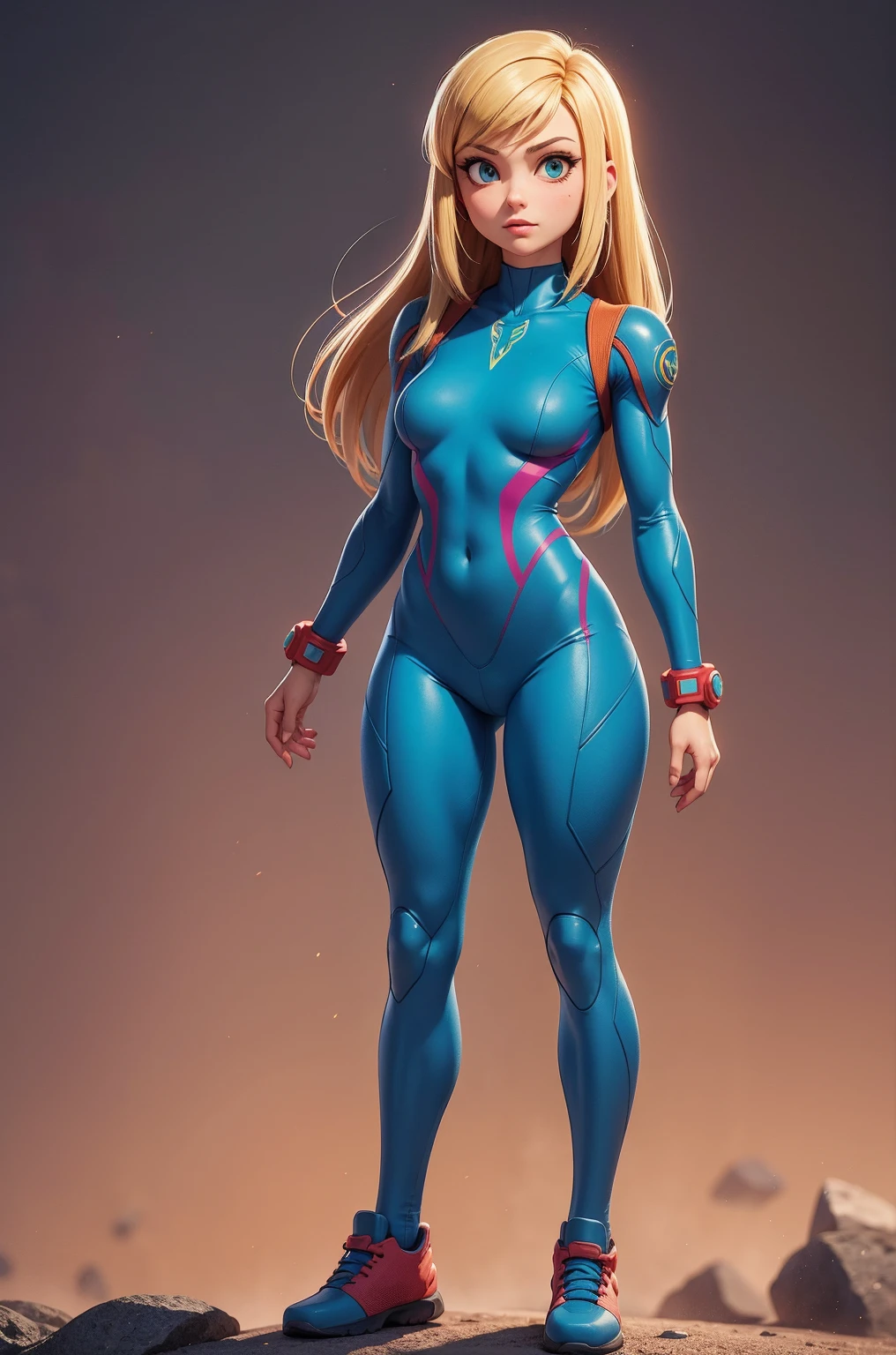 (Full body image/standing/feet on the ground/front:1.5), (1Laura/Woman:1.4) (she has large breasts:1.5), is wearing silver suit with red/Ultraman/blue jewel parts in the center of the breastplate. She is inside an alien spaceship with various machinery. She has (short/straight hair/blonde color:1.3), (green eyes:1.3), looking at viewer, evil smile, (exhibitionist pose:1.0), (costume/extremely tight on body:1.5), Anime style, Mortal Kombat, 16k, highres, UHD, masterpiece, anatomically correct