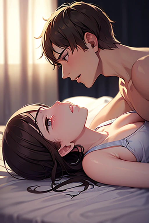 score_9, score_8_up, score_7_up, score_6_up, source_anime, masterpiece, best quality, very aesthetic, uncensored, 1girl, 1boy, (kiss on the lips:1.3), cute face, lace camisole, round breasts, small breasts, hand_under_clothes, touch another's breast, seductive, voluptuous, long hair, brown hair, moaning, living room, window, window blinds