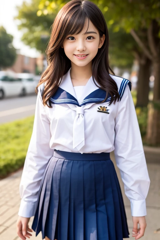 neat college girl, (school uniform, sailor uniform, ribbon tied at chest, summer uniform, upper body white, skirt is navy blue), outside the athletic field, (slim), photorealistic, detail, skin texture, ultra detail, delicate and sexy collarbone, smile, super detailed face, detailed lips, detailed eyes, double eyelids, small breasts, small breasts, small, flat breasts, breast emphasis