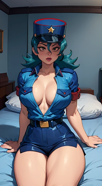 Jenny-pokemon, goregous police woman, laying down in a hotel bedroom, (crop top), perfect legs, ((arms behind back)), unbutton shirt, busty, colossal cleavage, police cap, milf, (large tit's), (large breasts), perfect sexy body, pretty face, night time, evening, hi res, ultra detailed, cinematic lighting
