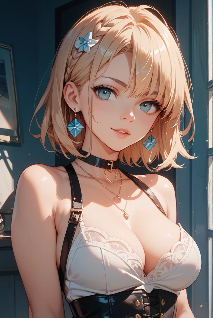 absurd, super detailed,bright colors, very beautiful detailed anime face and eyes,look straight,(sleeveless lift:1.6),(Fashionable bras:1.5) ,short hair屋内で, look at the audience,(You can see the starry sky from the window:1.2),(Looks like fun:1.4), ribbon, window,Close ~ eyes,open your mouth,feet outside the frame, Depth of the bounds written, 25 years old,short hair, asymmetrical bangs, Blonde short twin tails, shiny hair, delicate beautiful face, blush、blue eyes, white skin, Barrette, earrings, necklace,night scene