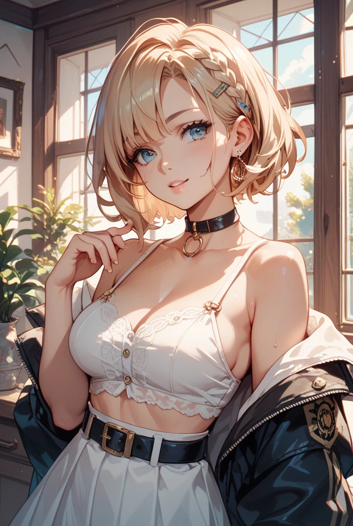 Highest quality 8K resolution,masterpiece, Exquisite detail, Realistic, Realistic, Soft tones,Color Palette, Alone, (25 years old:1.6),(Small eyes,Yellow Eyes:1.5), (Short Hair:1.5), Shiny silver hair,Asymmetrical bangs,(No bra), (No sleeve,mini skirt,lift:1.5),(Simple underwear,panties),Beautiful proportions,Open your mouth,(Shiny white skin),Very beautiful detailed eyes, (Big breasts,Cleavage:1.3), necklace,Earrings,accessories,Cowboy Shot, Are standing, indoor,7th life,(low length),Sulky look