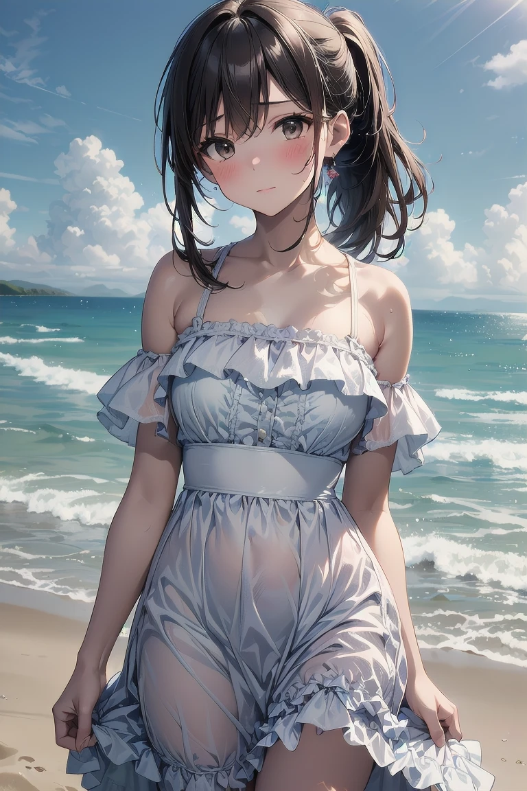 The whole picture is shown,fullbody,lol顔で歩いている,Very cute beautiful girl,A white sundress with delicate ruffles,(Very fine beautiful face), (lol),Black Hair, cloth,Beach,From above), (Highest quality,masterpiece:1.2),Absurd,High resolution,Very detailed,Very detailed,32K,8k resolution, Intricate details,Movie Scenes,Detailed Background,Dynamic Angle, Natural light,Hair blowing in the wind,Beautiful and detailed sky, (practical),ponytail,lol顔がかわいい全体像,Large breasts,微lolんでいる,bright,Holding her hair in both hands,もっとlolって,Five fingers,Touching hair,lol顔,lol顔,lol顔