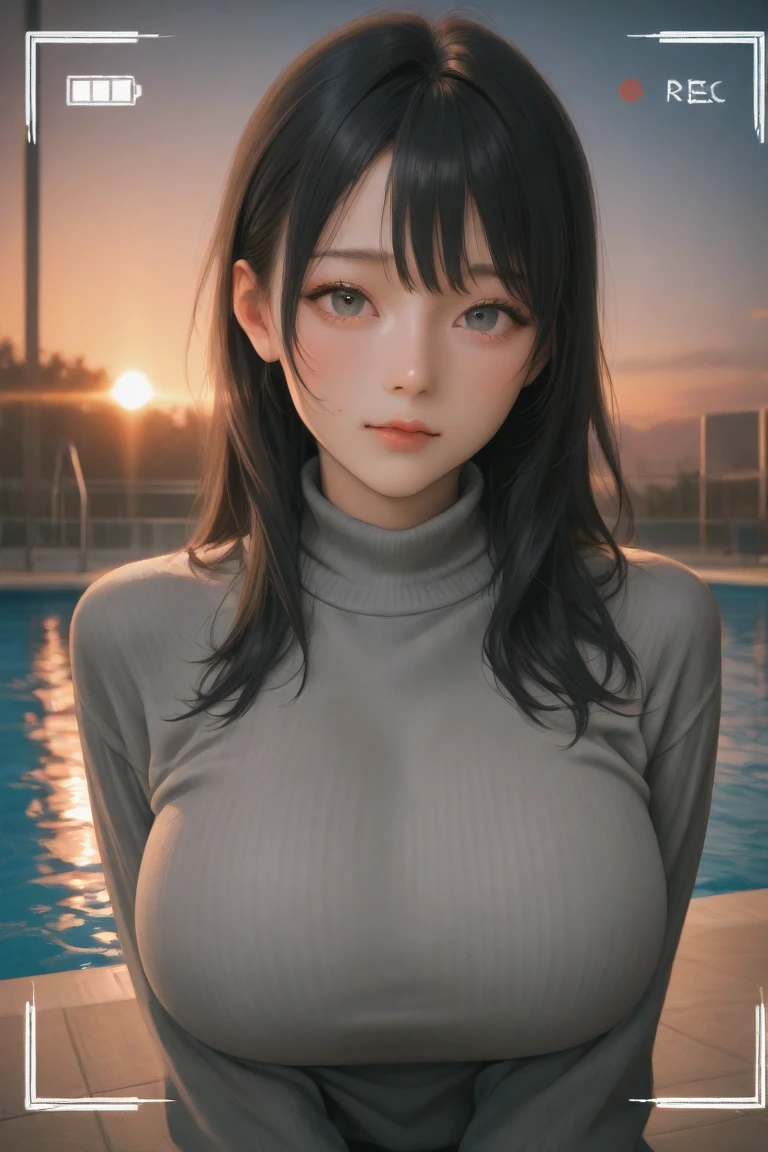 pureerosface_v1, best quality, photorealistic, 8k, high res, 1girl, woman, (skindentation), (portrait:0.6), gorgeous, ((cityscapebackground:2.1)), ((smallsize round breast, tight clothes, highnecksweater:1.54)), straight-looking at viewer:1.8, (1girl eyes looking at viewer, medium-length hair, blackhair, partedhairs:1.25), photorealistic, (bokeh), smile, (parted lips:1.5), <lora:CBAV-rei:0.65>