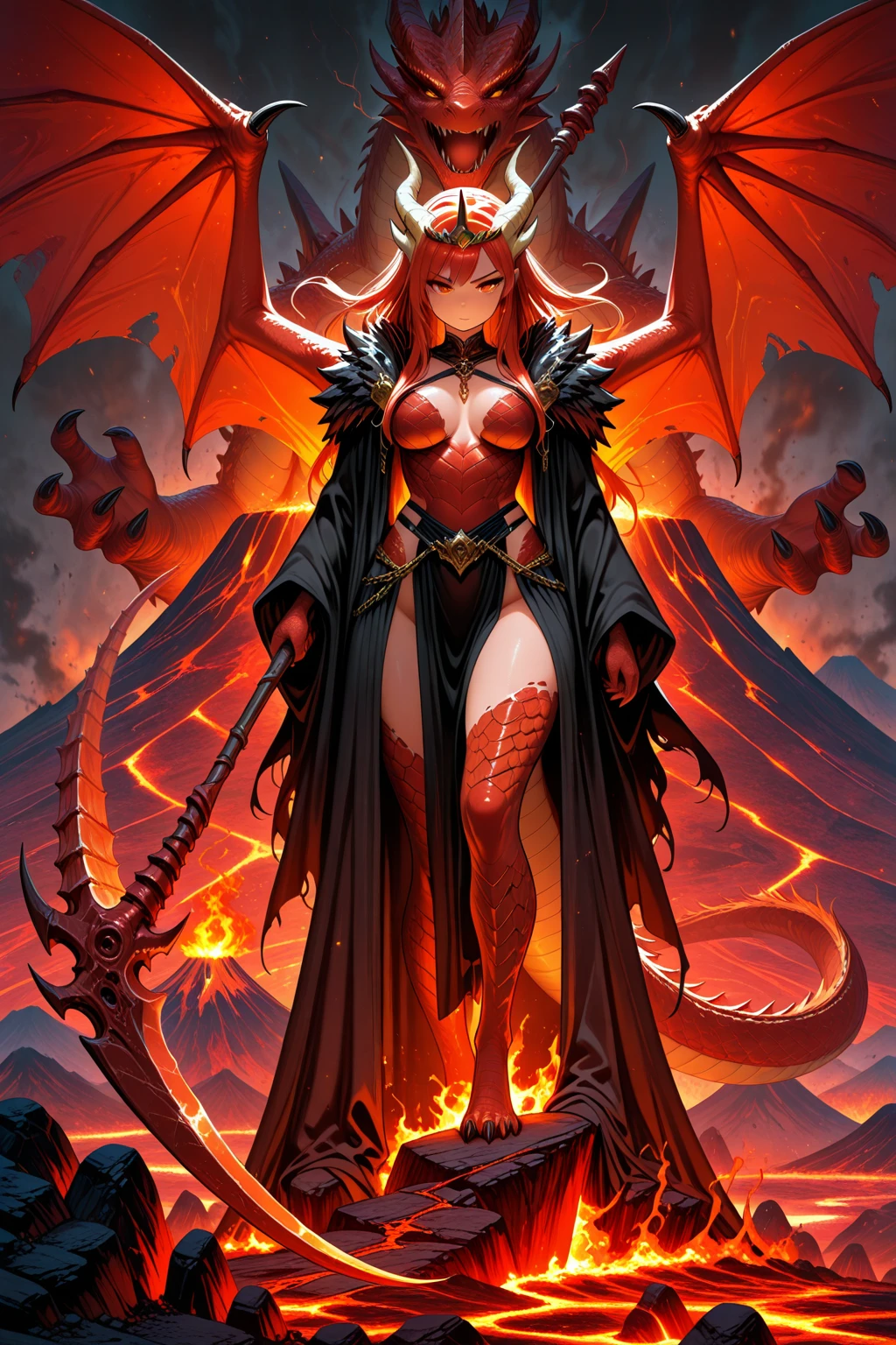 (masterpiece, best quality, high resolution, ((full body, standing,)),1(masterpiece, best quality, high resolution, ((full body, standing,)) , 1 red dragon woman, beautiful appearance , ((huge breasts)) sensual body, flaming red hair, dragon tail, big horns and claws, dragon wings, wearing armor with red scales, wild posture, holding a big flaming ax
