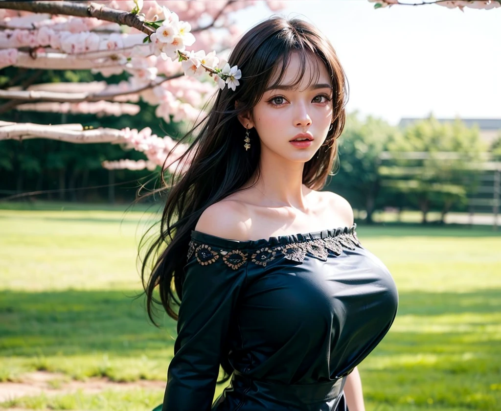 dark theme , (best quality, masterpiece:1.2), 18yo girl in garden, black cleavage dress, (red flowers mess in background:1.3)
