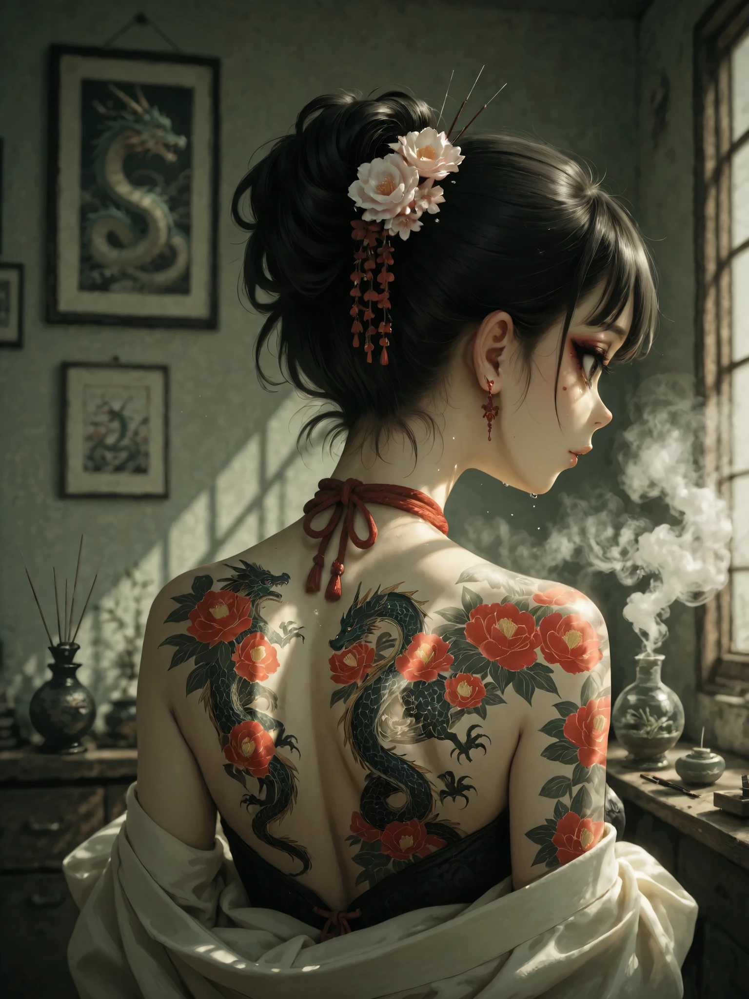impeccable quality, art photo, high resolution, close-up of the irezumi, hands of a master with traditional needles, partially tattooed back, writhing dragon, detailed skin texture, mascara, process traditional Japanese tattoo tools, muted lighting, incense smoke