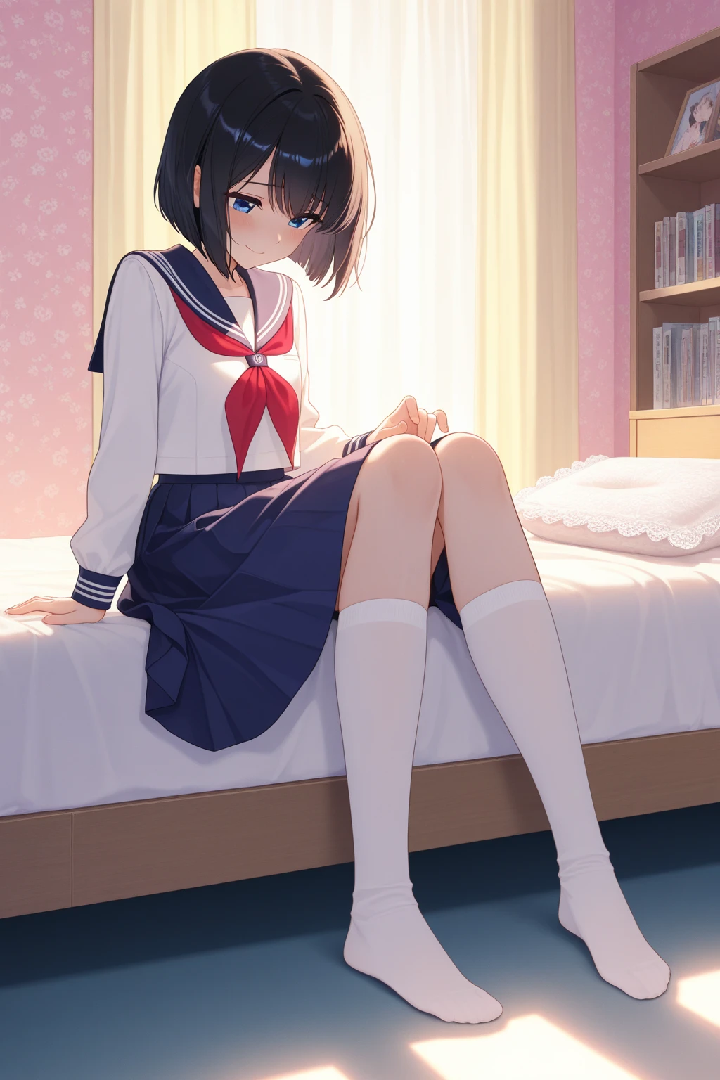 Realistic photo, 1 Japanese woman, clear blue eyes, Grinning, wearing a sailor uniform dress, navy blue with a red belt, with thin white socks and red sandals, short straight medium black hair with bangs, um colar com nome em ouro with the name Hanna, Lie on the bed with your legs spread, Detailed face and body, Natural light, High resolution, photoRealistic, (Highest quality,8k,High resolution,masterpiece:1.2),Very detailed,(Realistic,photoRealistic,photo-Realistic:1.37),Realistic skin texture,blue clear eyes, Fine eyes and lips,Beautifully detailed face,Long eyelashes,Smooth Skin,Natural body shape, pulando na cama