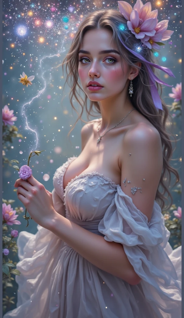 chiaroscuro technique on sensual illustration of a high fashioned  woman, vintage ,silky eerie, matte painting, by Hannah Dale, by Harumi Hironaka, extremely soft colors, vibrant, pastel, highly detailed, digital artwork, high contrast, dramatic, refined, tonal, golden ratio, loose outfit、Show shoulders、dark colored kimono、How to wear a black gown、Decorated with intricate patterns and bright colors、Transparent material that makes the skin shine、Artistic depiction of seductive woman in gown with wet thin cloth and transparent skin, Floral and fantastic pattern with flowing silky traditional see-through skin。Her dress draped elegantly around her curvaceous figure、Emphasizes her charming silhouette。She's a gentle fireworks night、Dynamic Posing、Sexy Posing、bathed in the soft glow of moonlight。Create an abstract piece that captures the tumultuous emotions of a particular moment in time. Use bold brushstrokes, swirling patterns, and contrasting colors to convey the intensity of the emotions.