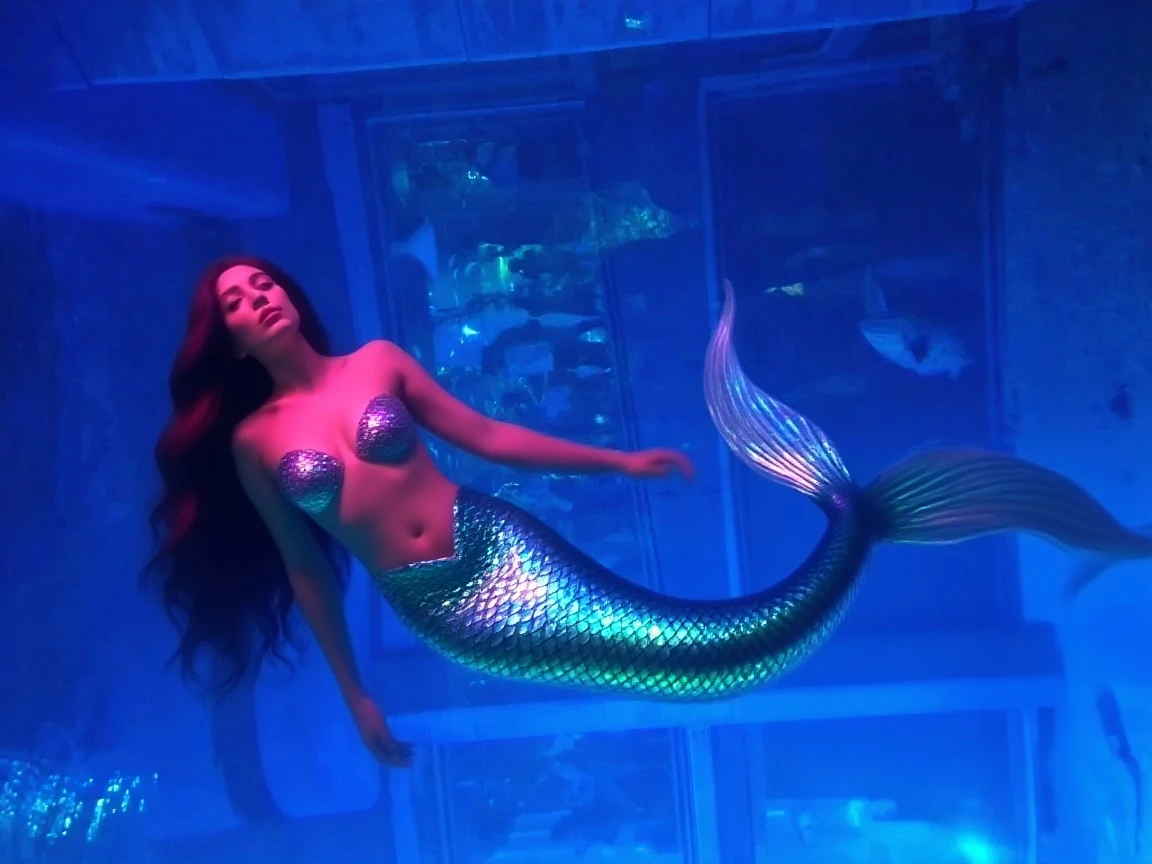 A seductive young mermaid swimming from the abyss, undersea, creepy, realistic, alien horror, mermaid, a slim and long mermaid tail, glowing --ar 19:16 --niji 6