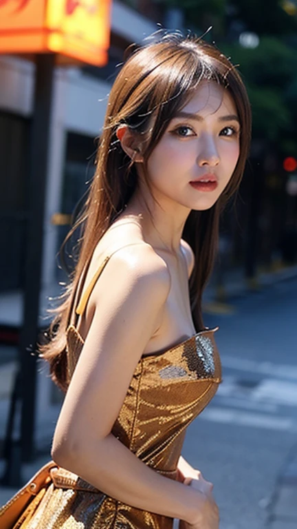 ((Best quality, 8K, masterpiece:1.3))，1girl，18 years old，Asian，Real texture:1.3，(Background blur:1.1)，Gorgeous long dress，Tall and slender figure:1.2，(Hot summer weather)，（street:1.3），Highly detailed face and skin textures，Exquisite eyes，Long eyelashes，Double eyelids，Skin Whitening，happy，Various postures，Big breasts