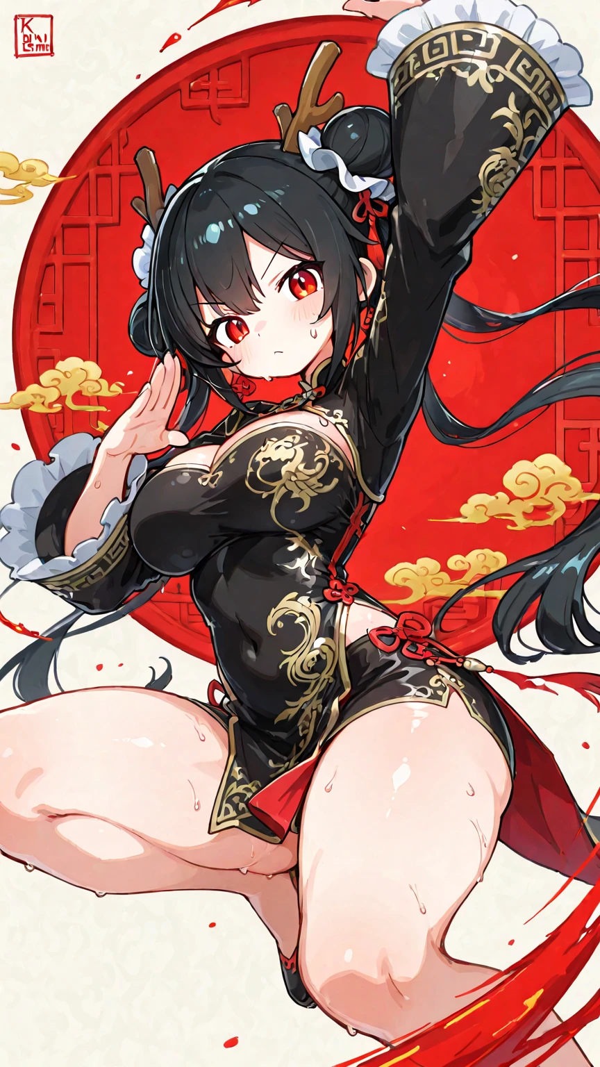 A MILF、A dark-haired、floting hair、Delicat eyes、red pupils、heroine、black and red antique damask Hanfu、cleavage of the breast、thighs thighs thighs thighs、FOV、f1.8、​masterpiece、complex scenes、Gorgeous portrait shots