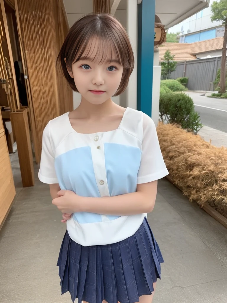 Japanese,10 years old,Innocent face,Teenage Girl,cute,Baby Face、Round face contour、Features of Baby Face、(Childish face,Soft and innocent face,Adorable plump cheeks,Shining round eyes,Small button nose,cutesmall mouth)、、cute girl、Childish girl、Young Body、Primary school students,Private elementary school,White uniform,White summer clothes,Are standing,Entrance Ceremony,In front of the school gate,Back view,Stick your butt out、Turn around here、Full body photo,Thin thighs、Twin tails,short hair,Hair Clip