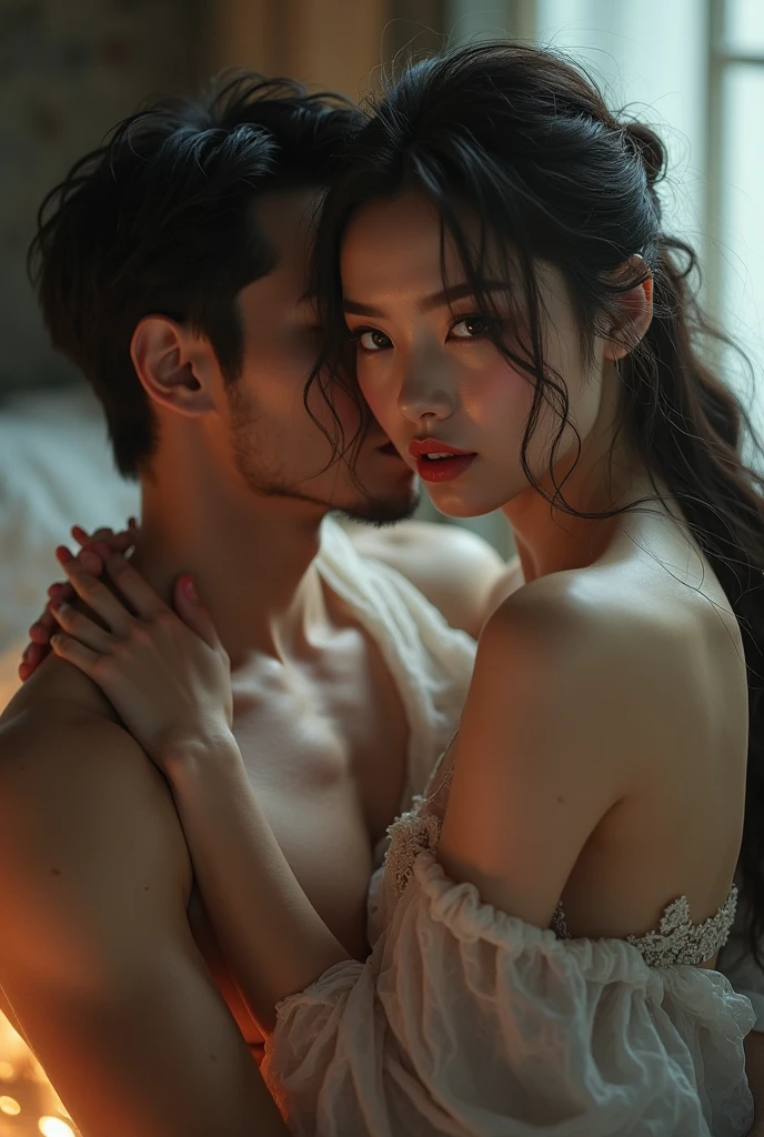 A handsome young couple with long hair and a beautiful Korean girl.,Both naked,A young woman kisses a man's penis in the living room..Perfect body,fingers,Complete toe,big penis.