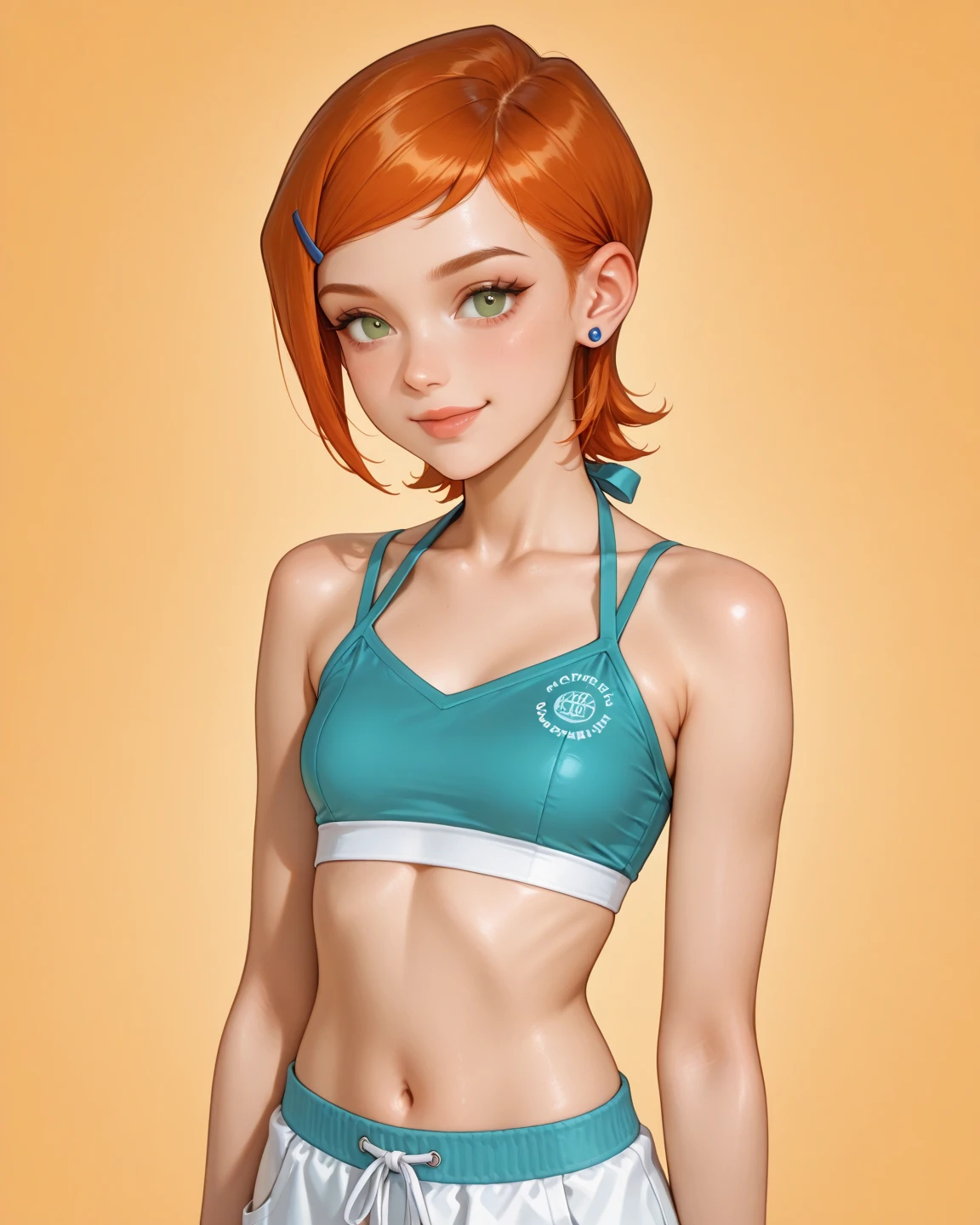 (masterpiece, best quality:1.2), <lora:gundam_hoshino-10:1>, cowboy shot, solo, 1girl, hoshino fumina, grin, looking at viewer, hands on hips, yellow jacket, open jacket, sports bra, bike shorts, midriff