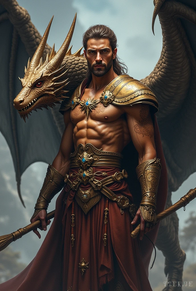 create man, 32 years old, viking, short yellow golden hair, golden eyes, tanned skin, golden prince clothes, golden dragon background, handsome, broad shoulders, hdr, hd, 8k, 4k