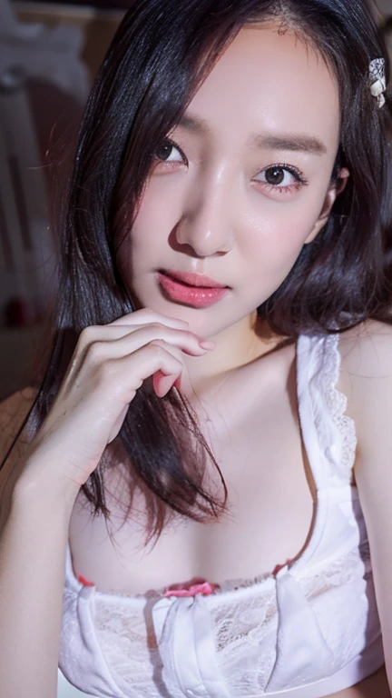 top-quality、​masterpiece、超A high resolution、(realisitic:1.4)、Beautiful Women１、Beautiful detail eyes and skin、smile、Light brown long-cut hair, She is Wearing a white bathrobe, gorgeous model, photo of slim girl model, IG-Modell, beautiful female model, in the bedroom, white bathrobe, open chest bathrobe, wet hair, on the bed, 24 years old, white skin, inviting pose, lie down